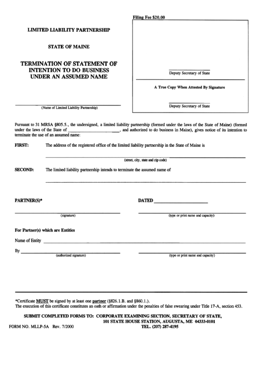 Form Mllp-5a - Termination Of Statement Of Intention To Do Business Under An Assumed Name Printable pdf