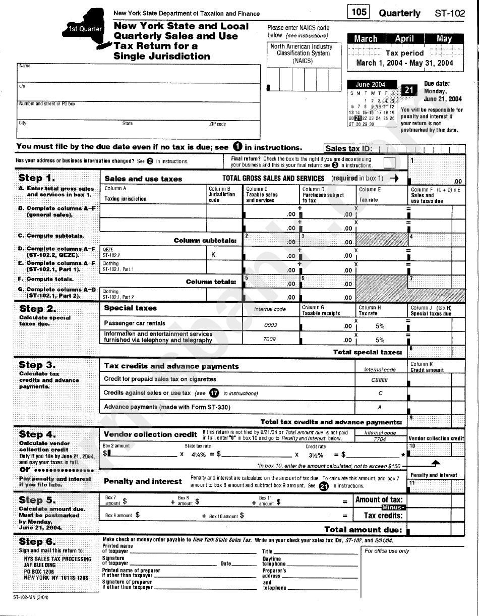 Form St-102 - New York State And Local Quarterly Sales And Use Tax Return For A Single Jurisdiction