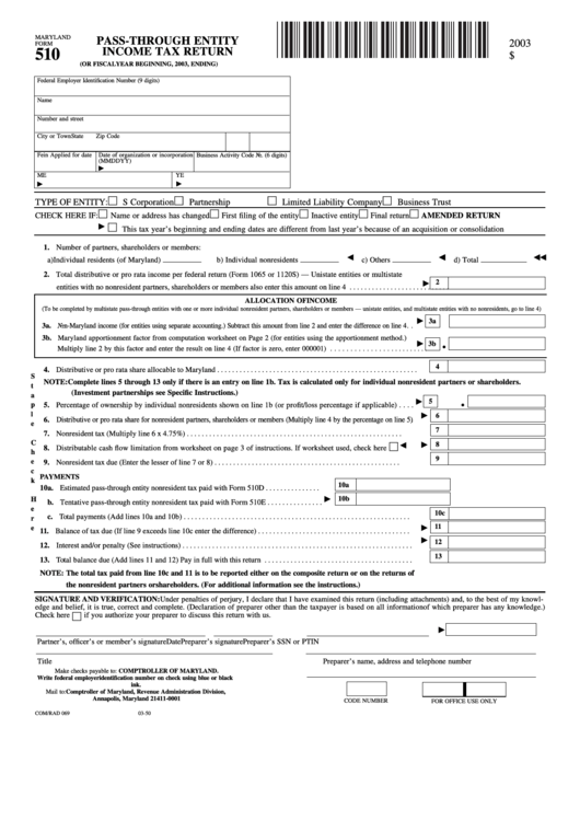 Fillable Form 510 - Pass-Through Entity Income Tax Return - 2003 Printable pdf