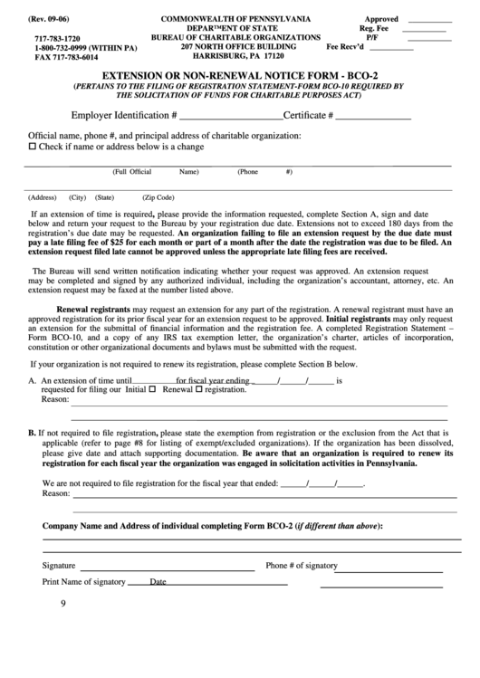 Fillable Form Bco-2 - Extension Or Non-Renewal Notice Form - 2006 Printable pdf