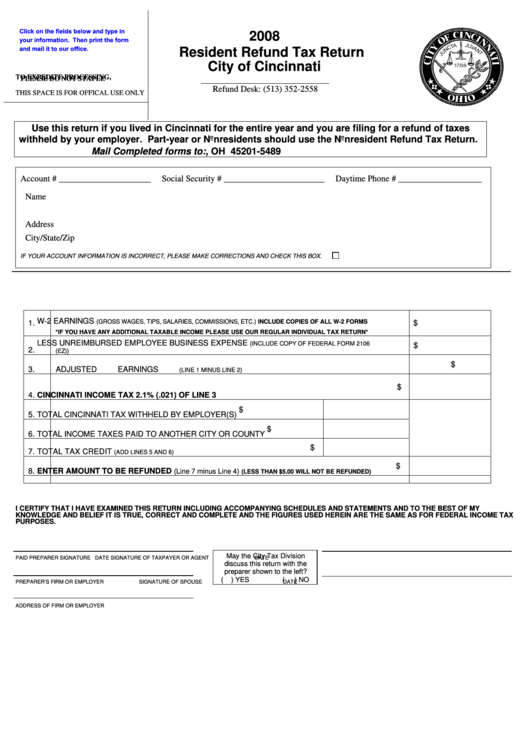 Fillable Resident Refund Tax Return Form - City Of Cincinnati - 2008 Printable pdf