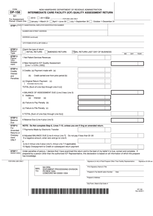 Fillable Form Dp-158 - Intermediate Care Facility (Icf) Quality Assessment Return Printable pdf