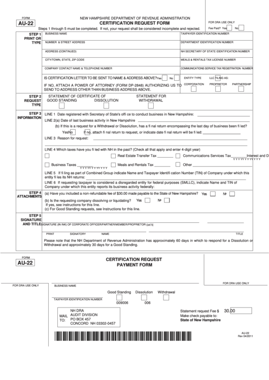 Fillable Form Au-22 - Certification Request Form - Department Of Revenue Administration Printable pdf
