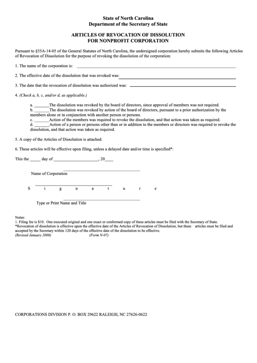 Fillable Form N-07 - Articles Of Revocation Of Dissolution Form - For Nonprofit Corporation - Department Of The Secretary Of State Printable pdf