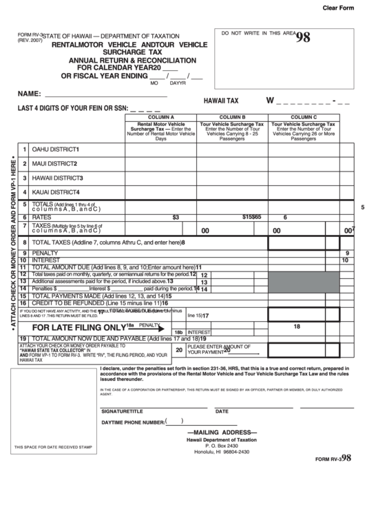 Fillable Form Rv-3 - Rental Motor Vehicle And Tour Vehicle Surcharge Tax Annual Return & Reconciliation - 2007 Printable pdf