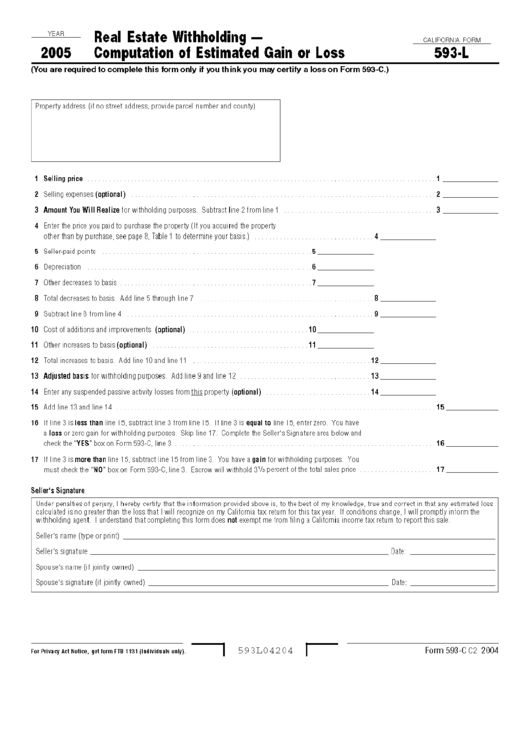 Form 539-L - Real Estate Withholding - Computation Of Estimated Gain Or Loss - 2005 Printable pdf