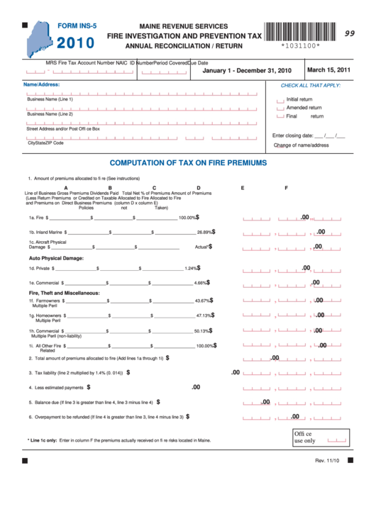 Form Ins-5 - Fire Investigation And Prevention Tax Annual Reconciliation/return - 2010 Printable pdf