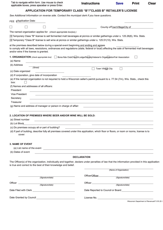 Form At-315 - Application For Temporary Class "B"/"Class B" Retailer