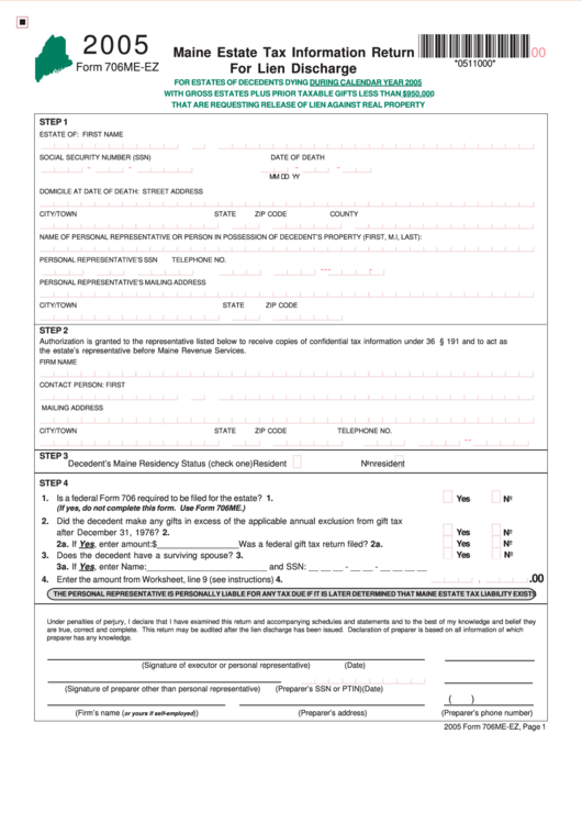 Form 706me-Ez - Maine Estate Tax Information Return For Lien Discharge - 2005 Printable pdf