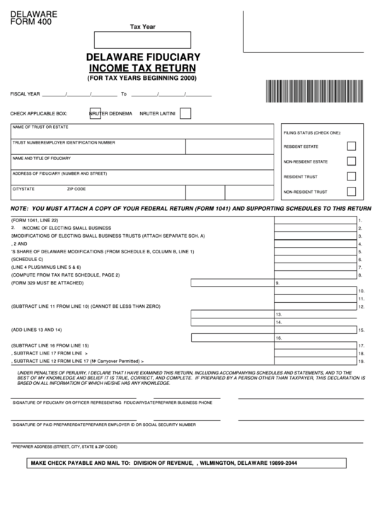 Fillable Delaware Form 400 - Fiduciary Income Tax Return - 2003 Printable pdf