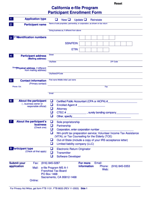 Fillable Form Ftb 8633 - California E-File Program Participant Enrollment Form Printable pdf