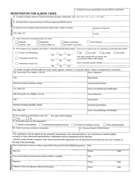 Registration For Albion Taxes Form Printable pdf