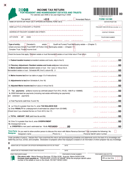 Form 1041me - Income Tax Return For Resident And Nonresident Estates And Trusts - 2008 Printable pdf