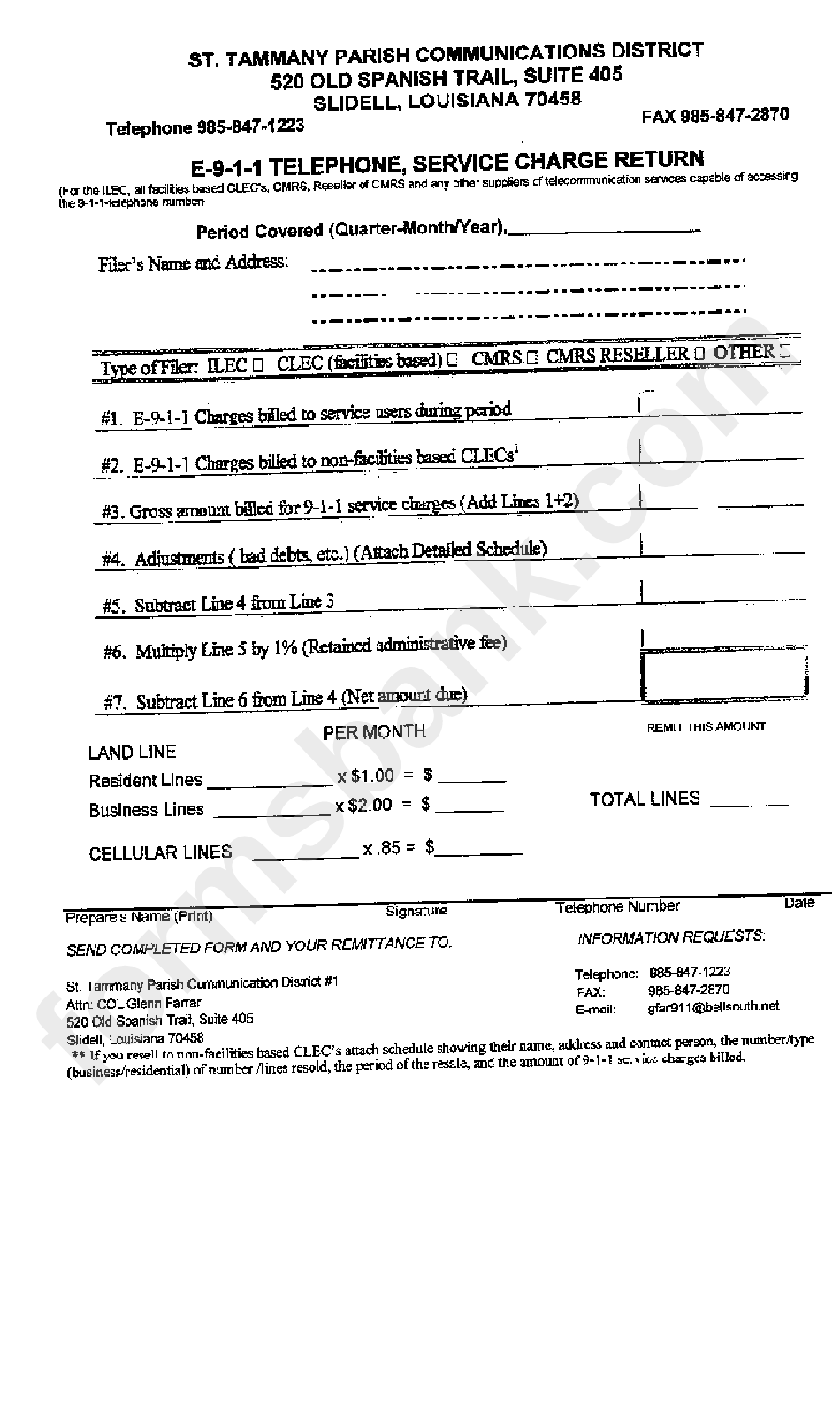 E-9-1-1 Telephone, Service Charge Return Form - St. Tammany Parish