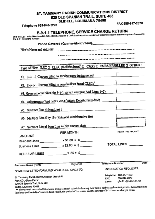 E-9-1-1 Telephone, Service Charge Return Form - St. Tammany Parish Printable pdf