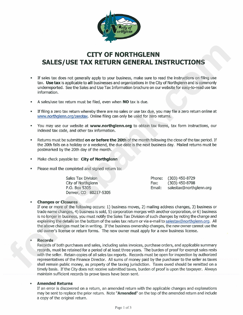 City Of Northglenn Sales / Use Tax Return General Instructions