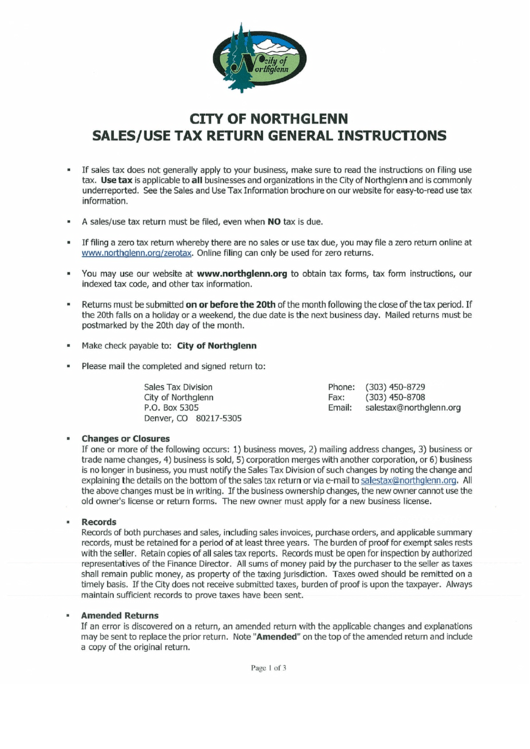 City Of Northglenn Sales / Use Tax Return General Instructions Printable pdf