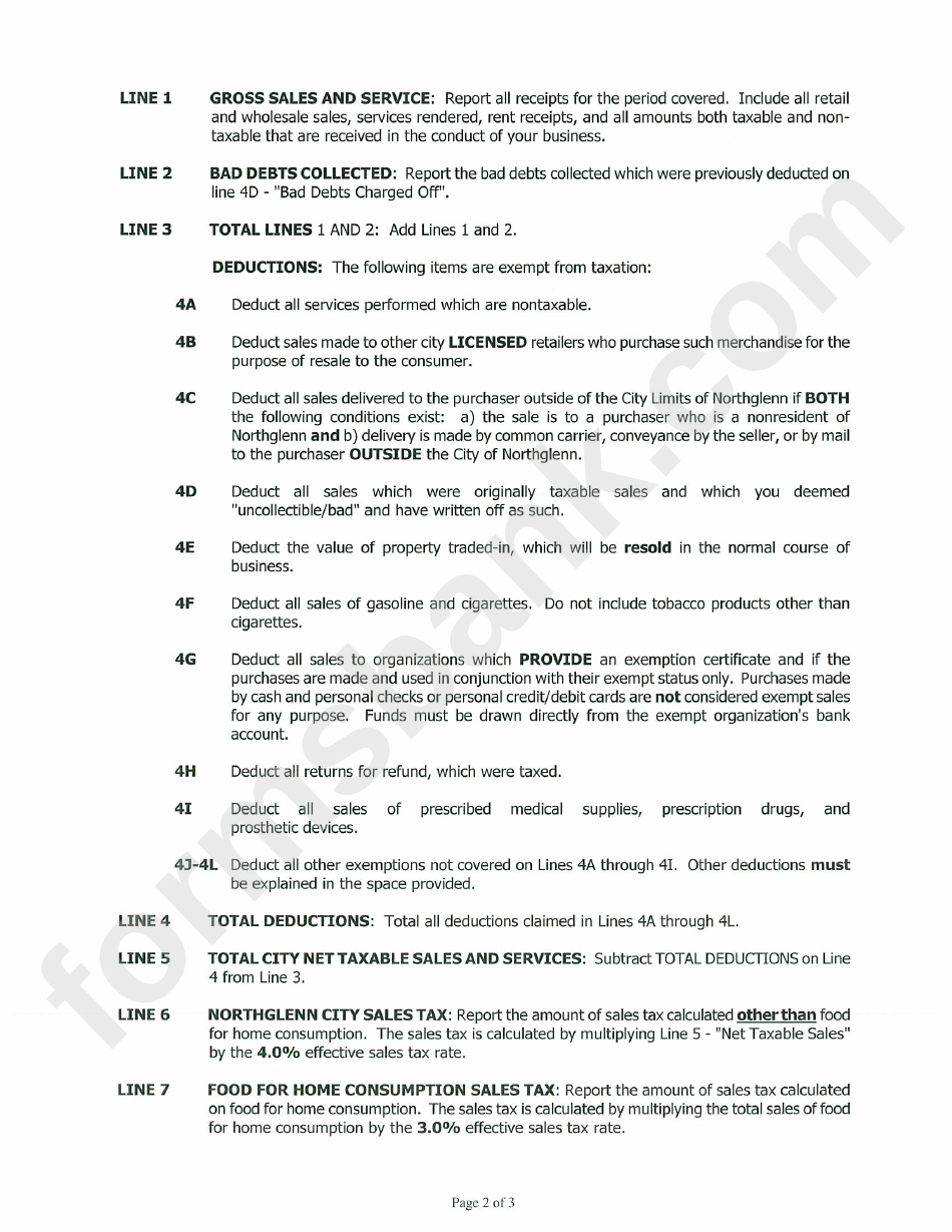 City Of Northglenn Sales / Use Tax Return General Instructions