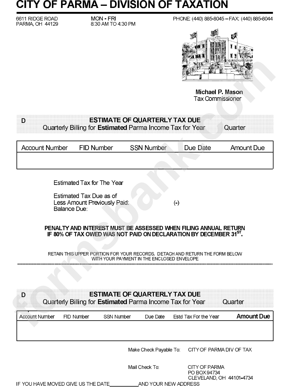 Estimate Of Quarterly Tax Due Form - City Of Parma