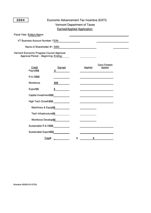 Schedule 5930ea-B - Earned/applied Application - Economic Advancement Tax Incentive (Eati) - 2004 Printable pdf