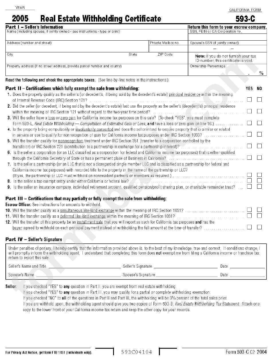 Form 593-C - Real Estate Withholding Certificate - 2005