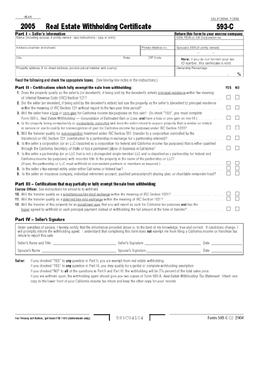 Form 593C Real Estate Withholding Certificate 2005 printable pdf