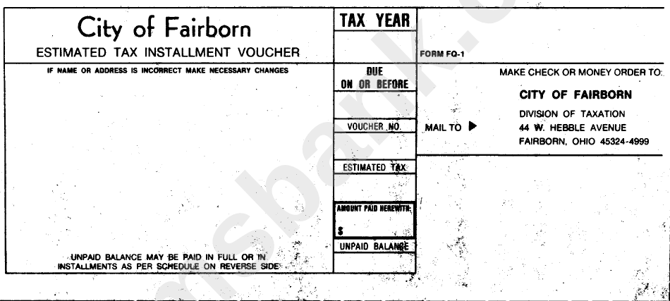 Form Fq-1 - City Of Fairborn Estimated Tax Installment Voucher