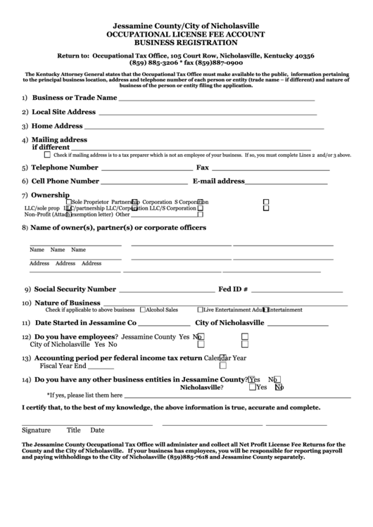 Occupational License Fee Account Business Registration Form printable ...