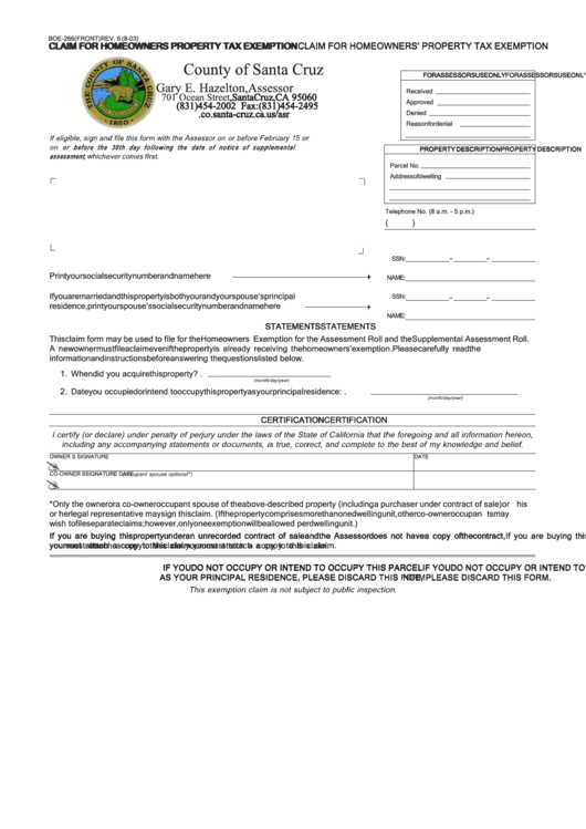 Form Boe-266 - Claim For Homeowners