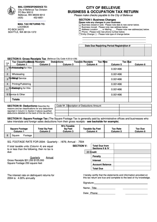 City Of Bellevue Business & Occupation Tax Return Form Printable pdf