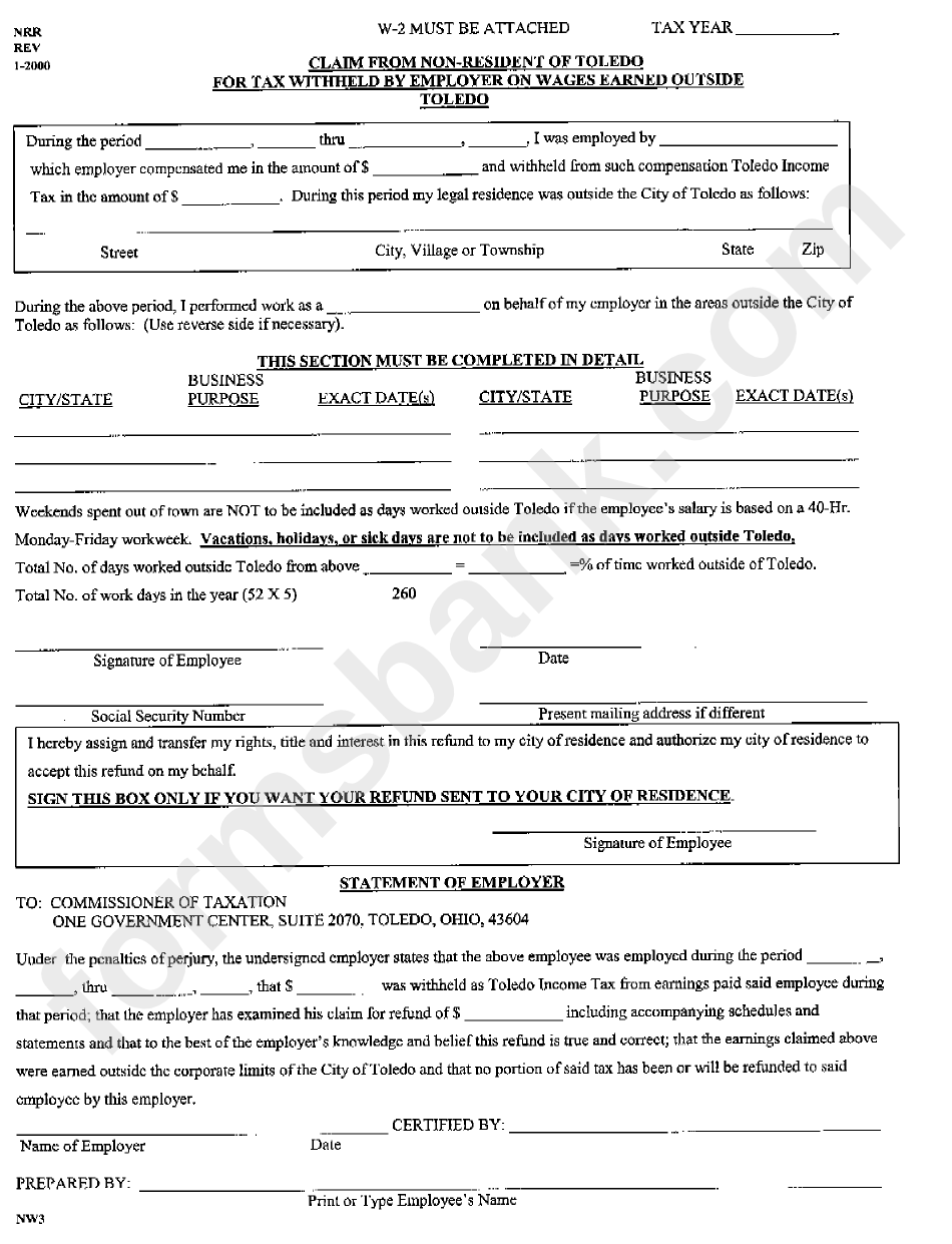 Form Nw-3 - Claim From Non-Resident Of Toledo For Tax Withheld By Employer On Wages Earned Outside Toledo