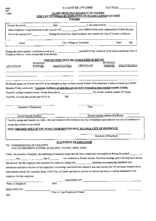 Form Nw-3 - Claim From Non-Resident Of Toledo For Tax Withheld By Employer On Wages Earned Outside Toledo Printable pdf