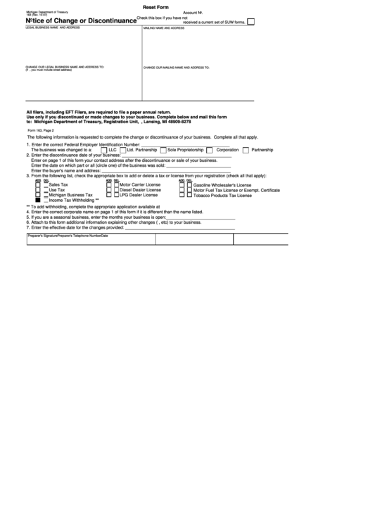 Fillable Form 163 - Notice Of Change Or Discontinuance Printable pdf