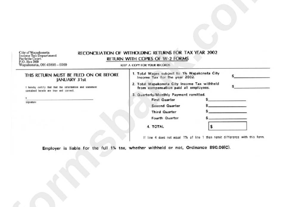 Reconciliation Of Withholding Returns For Tax Year 2002 - City Of Wapakoneta