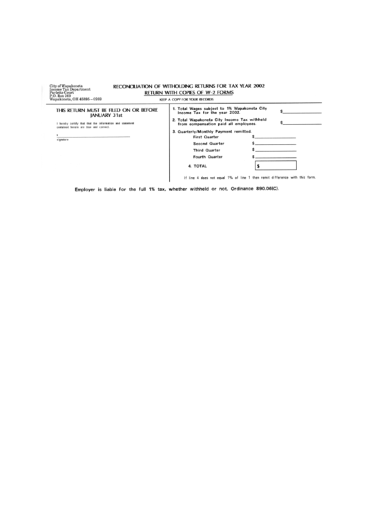 Reconciliation Of Withholding Returns For Tax Year 2002 - City Of Wapakoneta Printable pdf