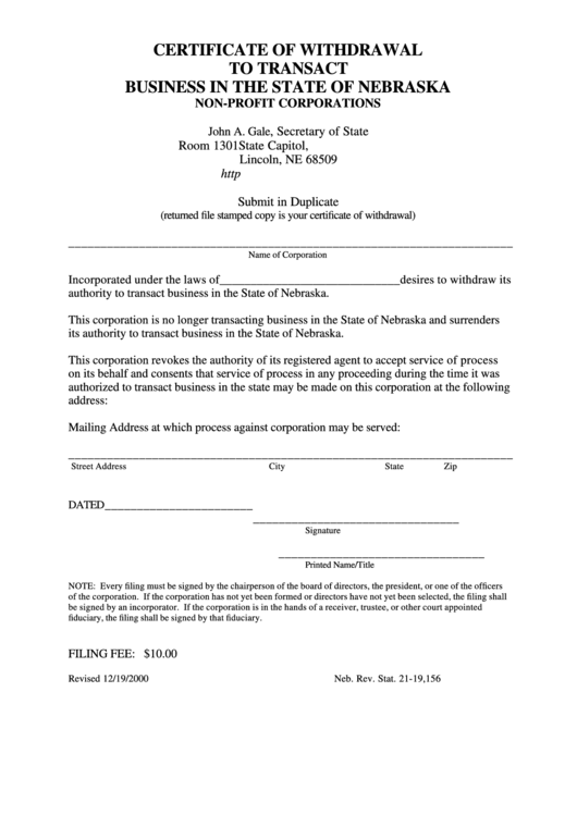 Fillable Certificate Of Withdrawal To Transact Business In The State Of Nebraska - Non-Profit Corporations Printable pdf