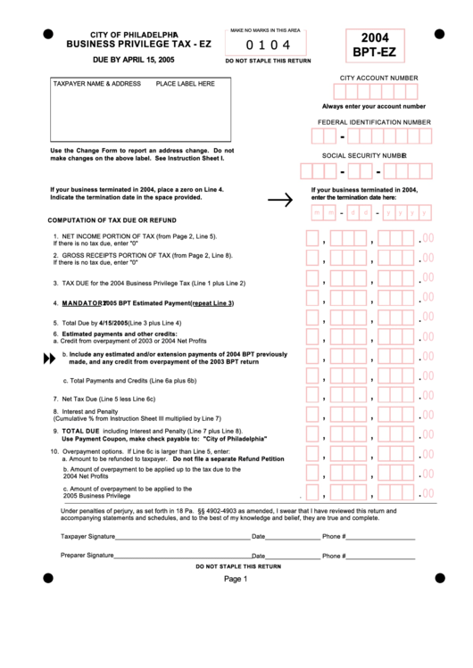 Form Bpt-Ez - Business Privilege Tax - 2004 Printable pdf