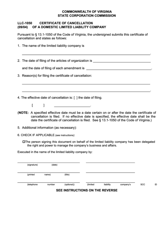 Form Llc-1050 - Certificate Of Cancellation Of A Domestic Limited Liability Company Printable pdf