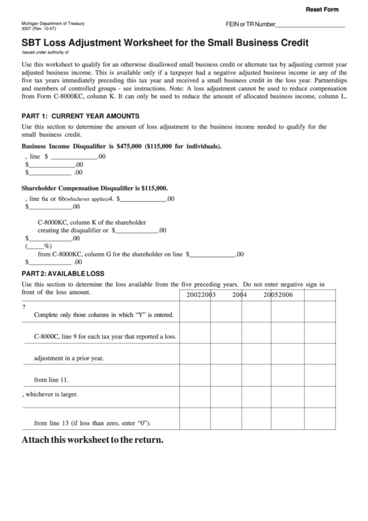Fillable Form 3307 - Sbt Loss Adjustment Worksheet For The Small Business Credit - 2007 Printable pdf