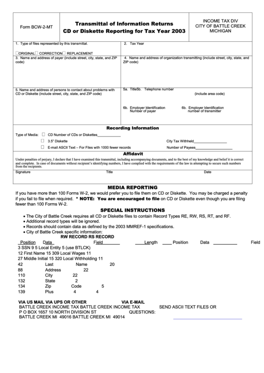 Form Bcw-2-Mt - Transmittal Of Information Returns Cd Or Diskette Reporting For Tax Year 2003 Printable pdf