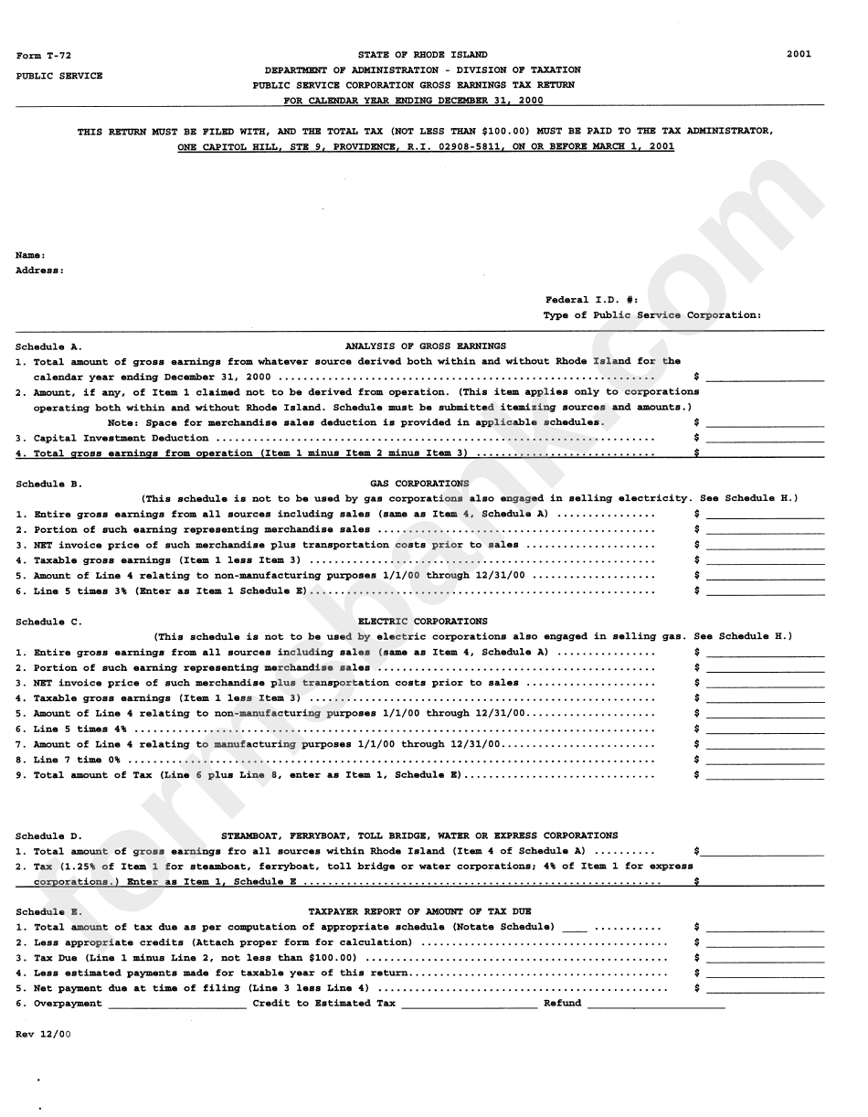 Form T-72 - Public Service Corporation Gross Earnings Tax Return 2001