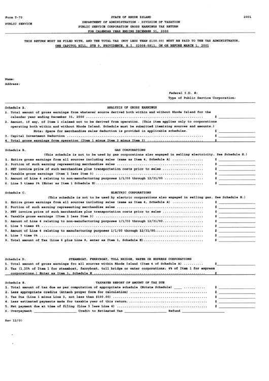 Form T-72 - Public Service Corporation Gross Earnings Tax Return 2001 Printable pdf