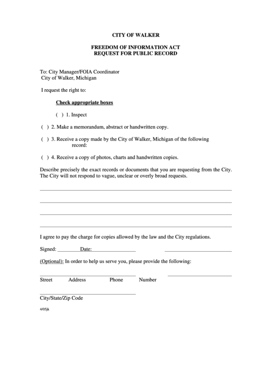 Fillable Freedom Of Information Act Request For Public Record - City Of Walker Printable pdf