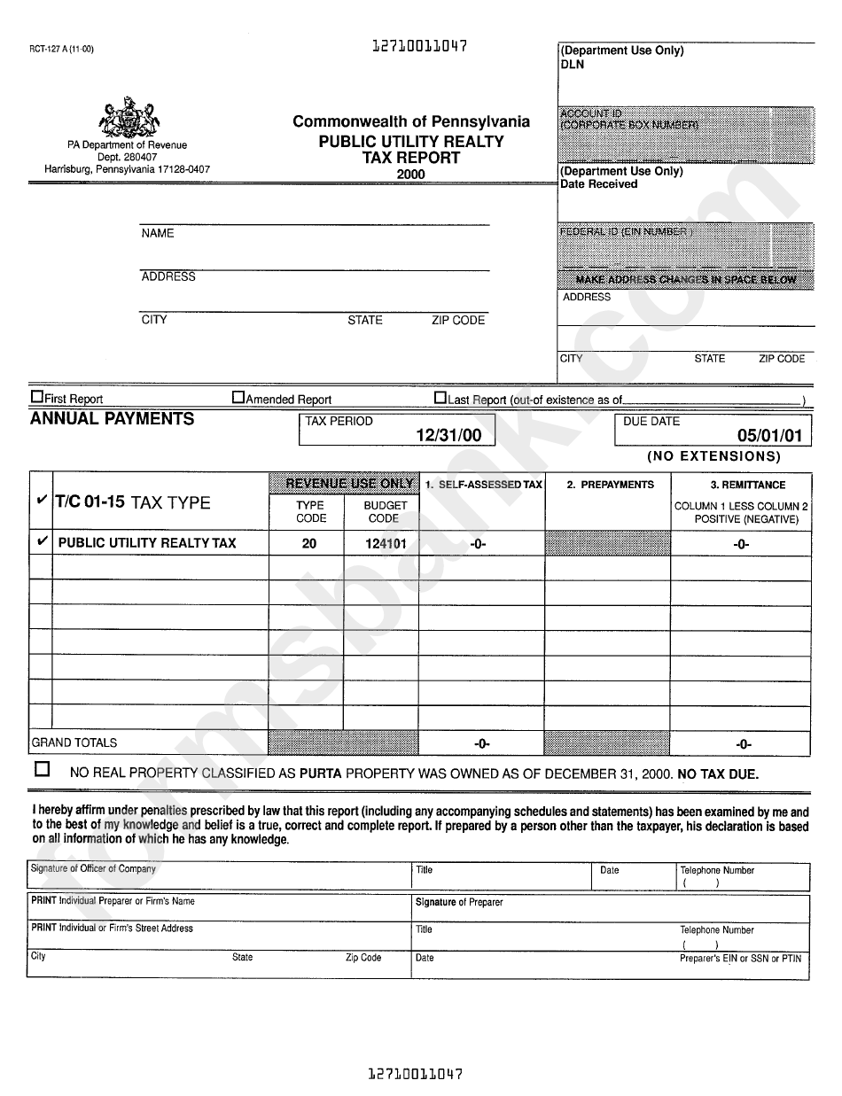 Form Rct-127 - Public Utility Realty Tax Report - 2000