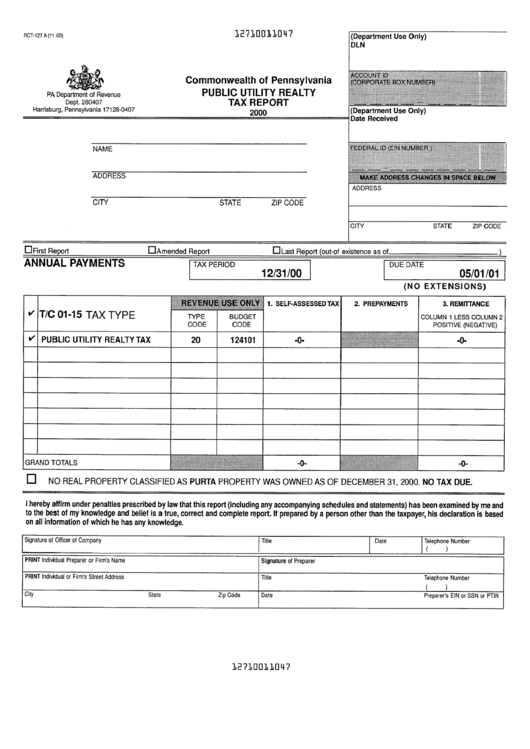 Form Rct-127 - Public Utility Realty Tax Report - 2000 Printable pdf