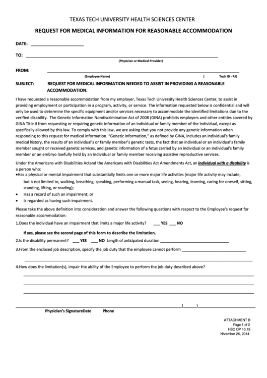 Request For Medical Information For Reasonable Accommodation Form - 2014 Printable pdf
