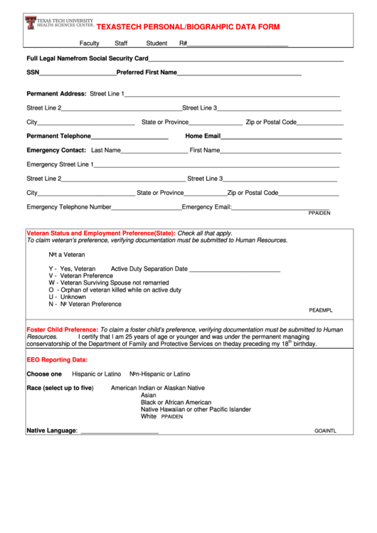 Fillable Personal/biographic Data Form Printable pdf