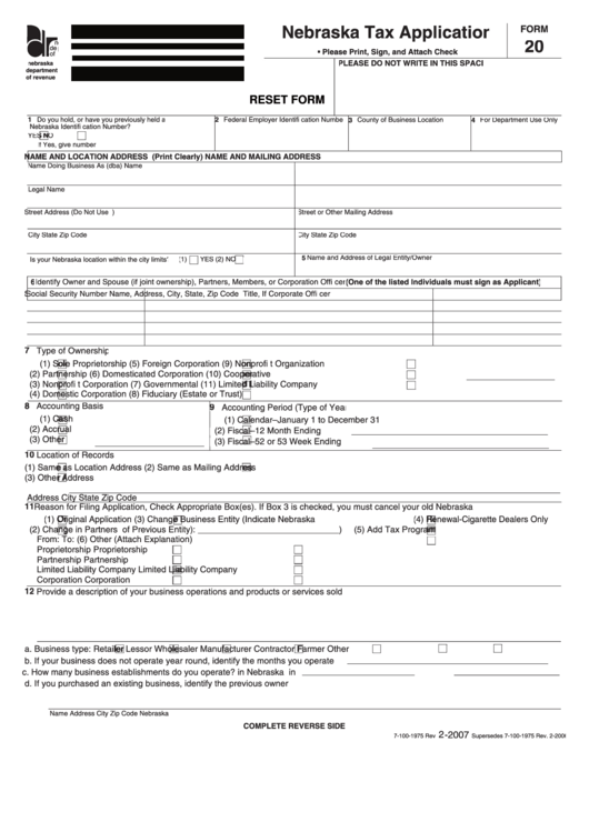 Fillable Form 20 - Nebraska Tax Application Printable pdf