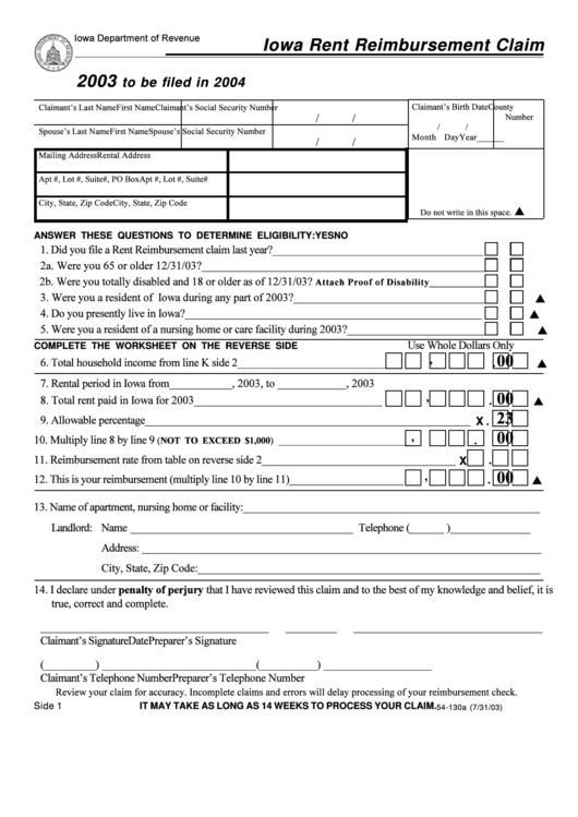 Form 54-130 - Iowa Rent Reimbursement Claim - 2003 Printable pdf