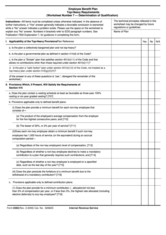 Fillable Form 8385 - Employee Benefit Plan Top-Heavy Requirements Printable pdf
